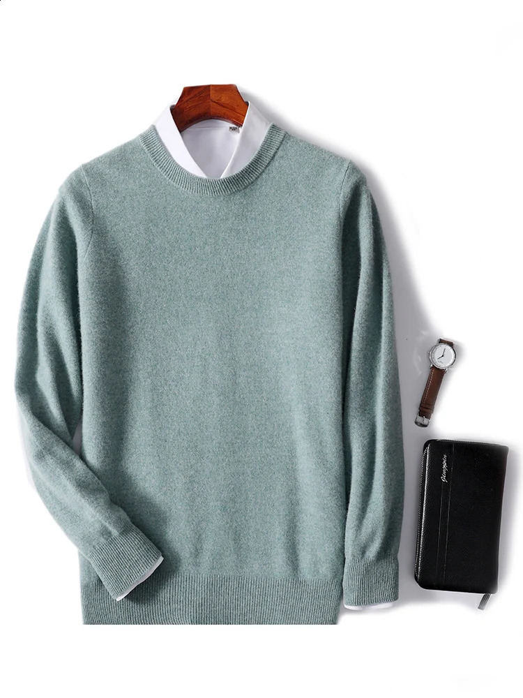 Spring Autumn 100% Pure Merino Wool Pullover Sweater Men O-Neck Long-sleeve Cashmere Basic Knitwear Clothing 240821