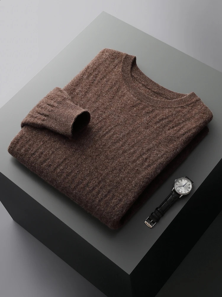 ADDONEE Autumn Winter Men Cashmere Sweater Cable Knit O-neck Thick Pullover 100% Merino Wool Knitwear Soft Warm Clothing Tops 240821