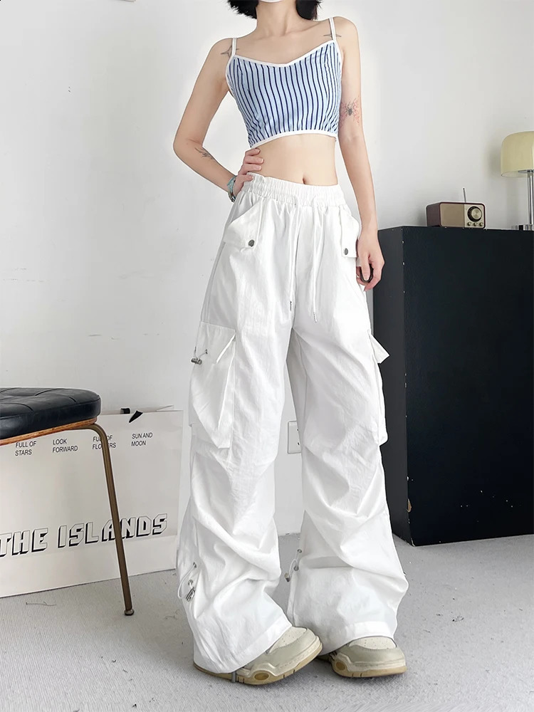 Womens White Baggy Cargo Pants Streetwear Harajuku Japanese 2000s Style Pants Y2k Parachute Pants Vintage Trousers Clothes 240821