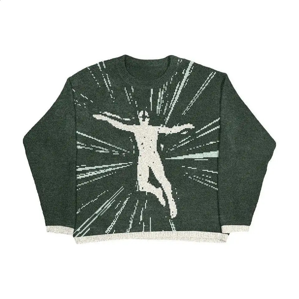 Green hiphop street gothic wool retro latte knit mens sweater Y2K Harajuku punk style EMO 240821