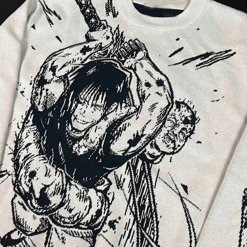 Womens Knitting Gothic Anime Print Pattern O Neck Pullover Sweater Streetwear Girls Oversized Harajuku Knitwear Mens Y2k 240821