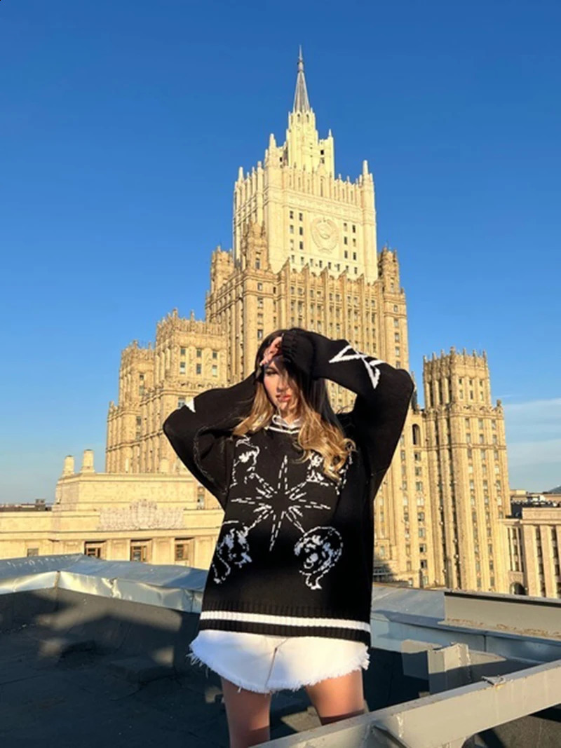 Vintage Star graphics Harajuku Oversized Y2K Sweater Women Knitted Sweater Print Winter Thick Female Pullovers Casual Tops 240821