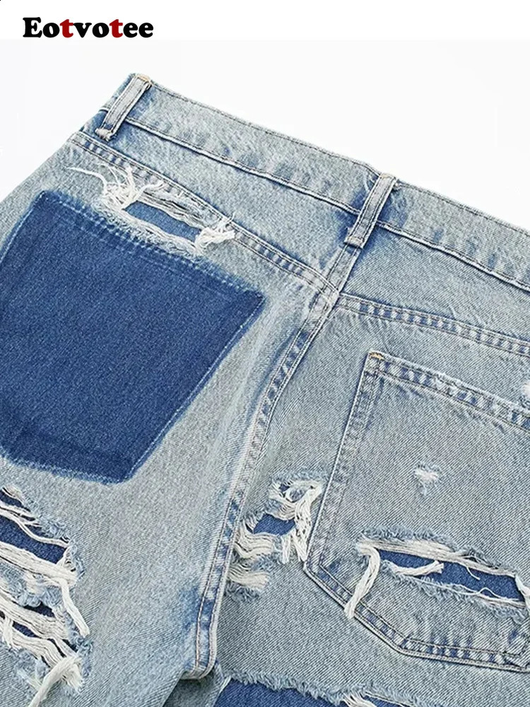 EOTVOT Blue Vintage Women Casual Strtwear Denim Pants Hole Trousers Patchwork High Waisted Y2k Jeans Z260313