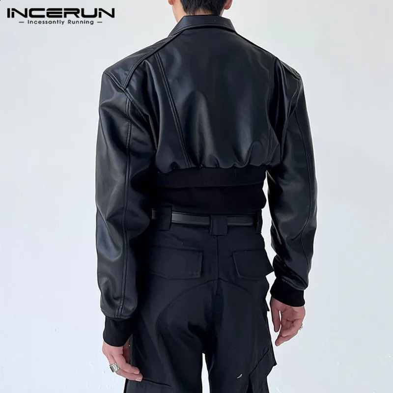 Fashion Men Jackets PU Leather Solid Lapel Long Sleeve Autumn Crop Coats Men Streetwear Zipper Casual Outerwear INCERUN 240821