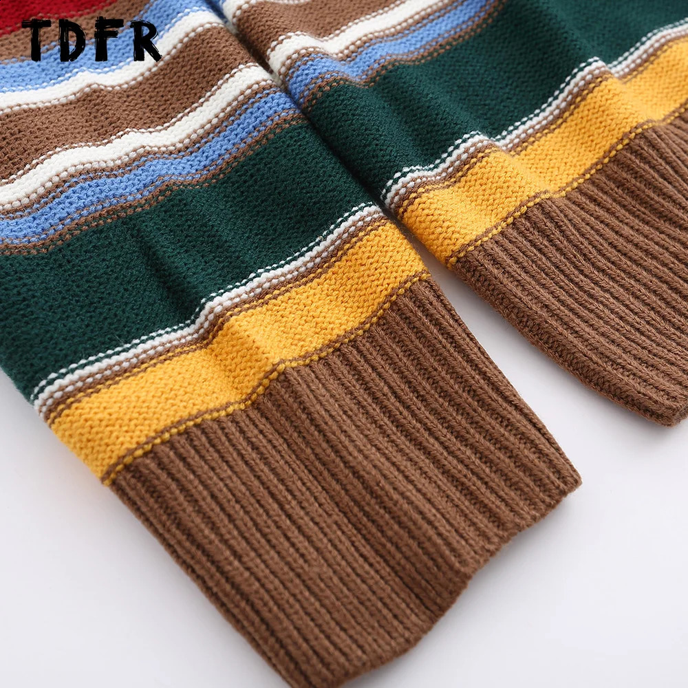 Contrast horizontal striped sweater mens autumn retro casual loose collar long sleeved knitted floral men 240821