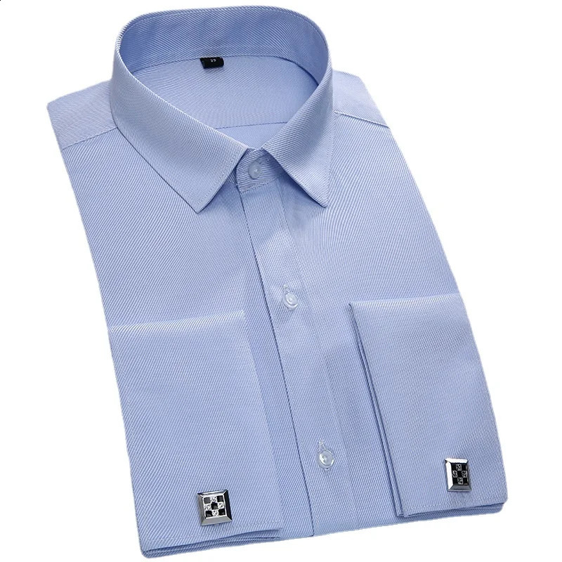 Quality Mens Dress Shirts French Cuff Long Sleeved Business Casual Slim Fit Solid Color French Cufflinks Shirts Tuxedo Shirt 240822