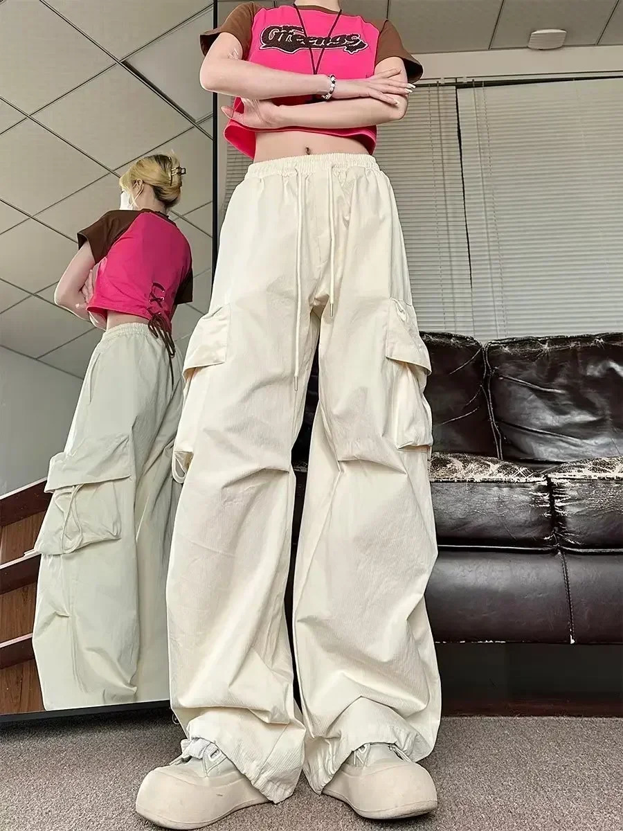 QWEEK Y2K Beige Cargo Pants Woman Streetwear Hip Hop Black Parachute Trousers Oversized Korean Fashion Wide Leg Pink Sweatpants 240821