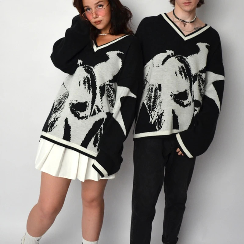Cartoon Y2k Harajuku Kawaii Punk Retro Cute Round Neck Pullover Sweater Pattern Knitted Warm Loose Oversized Sweatshirt Women 240821