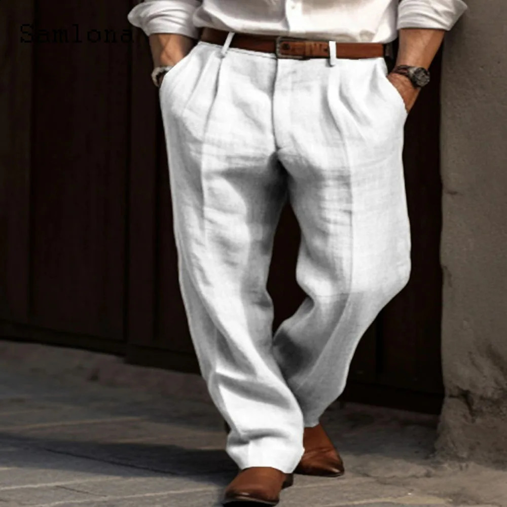 Samlona Men Casual Straight Linen Pants Solid Khaki White Stand Pocket Trousers Plus Size Mens Elegant Fashion Sweatpants 240822