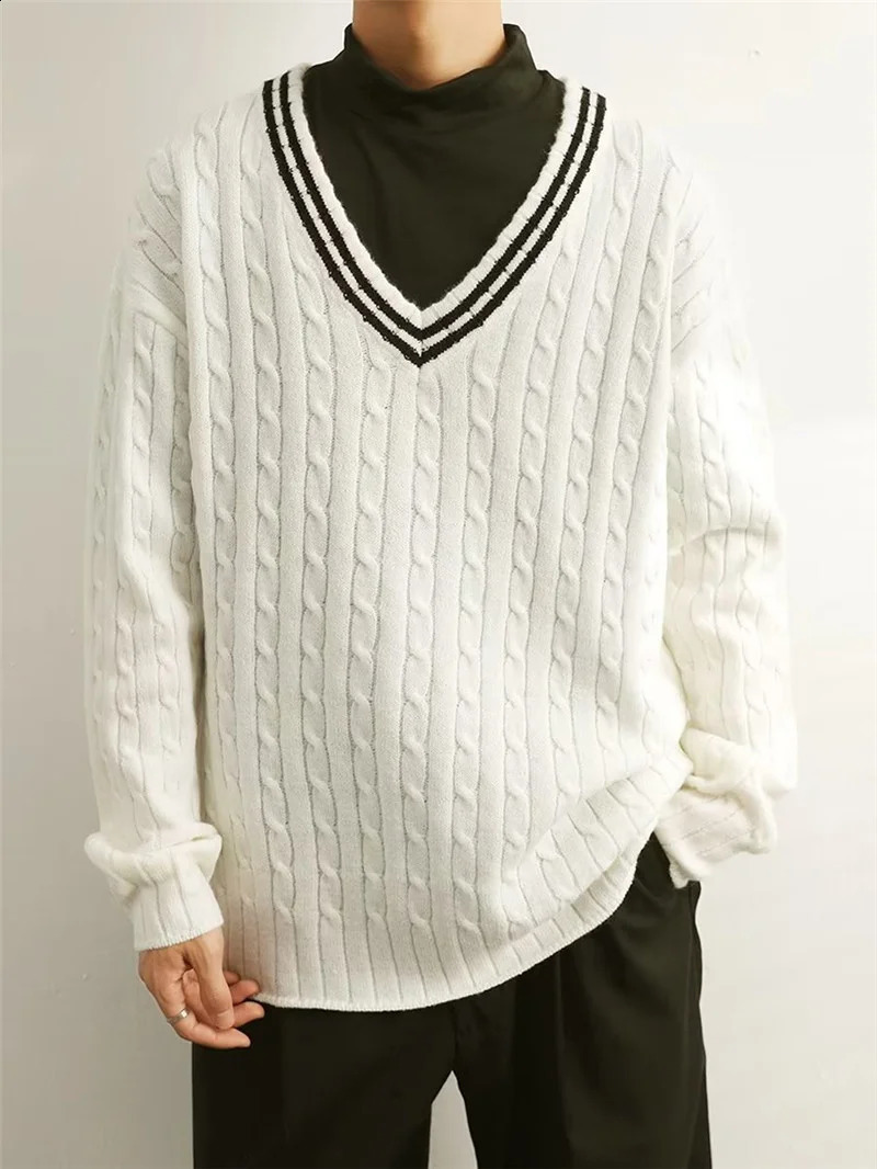 Black icon color contrast Vneck floral mens sweater autumn Korean knitted white 240821