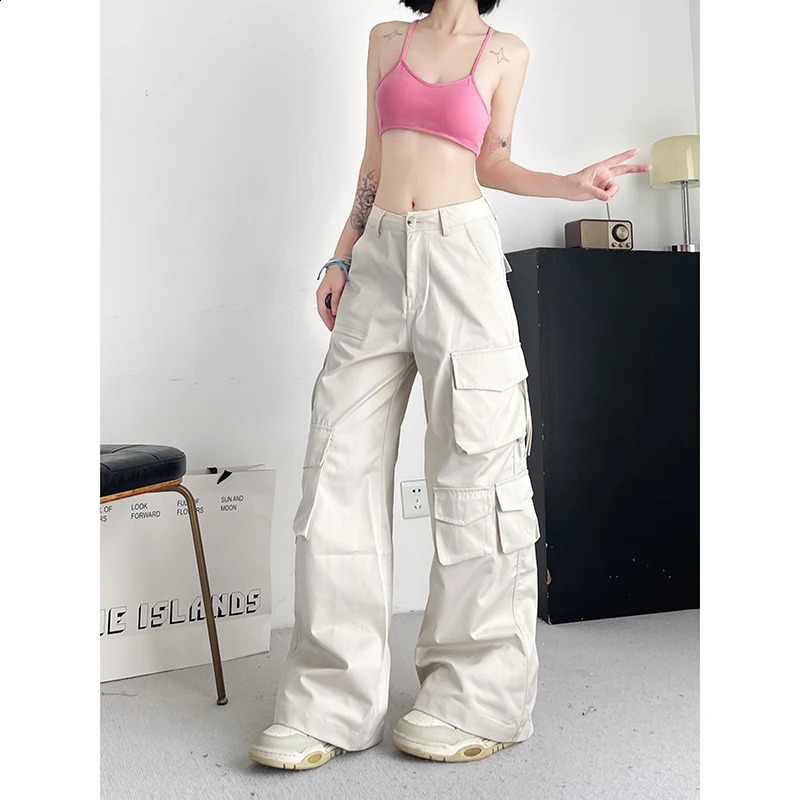Womens Off Beige Cargo Pants Vintage Y2k Harajuku Aesthetic Streetwear Parachute Pants High Waist Wide Trousers 2000s Clothes 240821