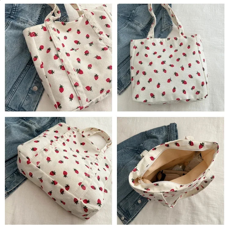 Casual Strawberry Pattern Tote Bag Large Capacity Women Shoulder Bags Chic Simple Handbags Big Nylon Shopping College Purses 240821