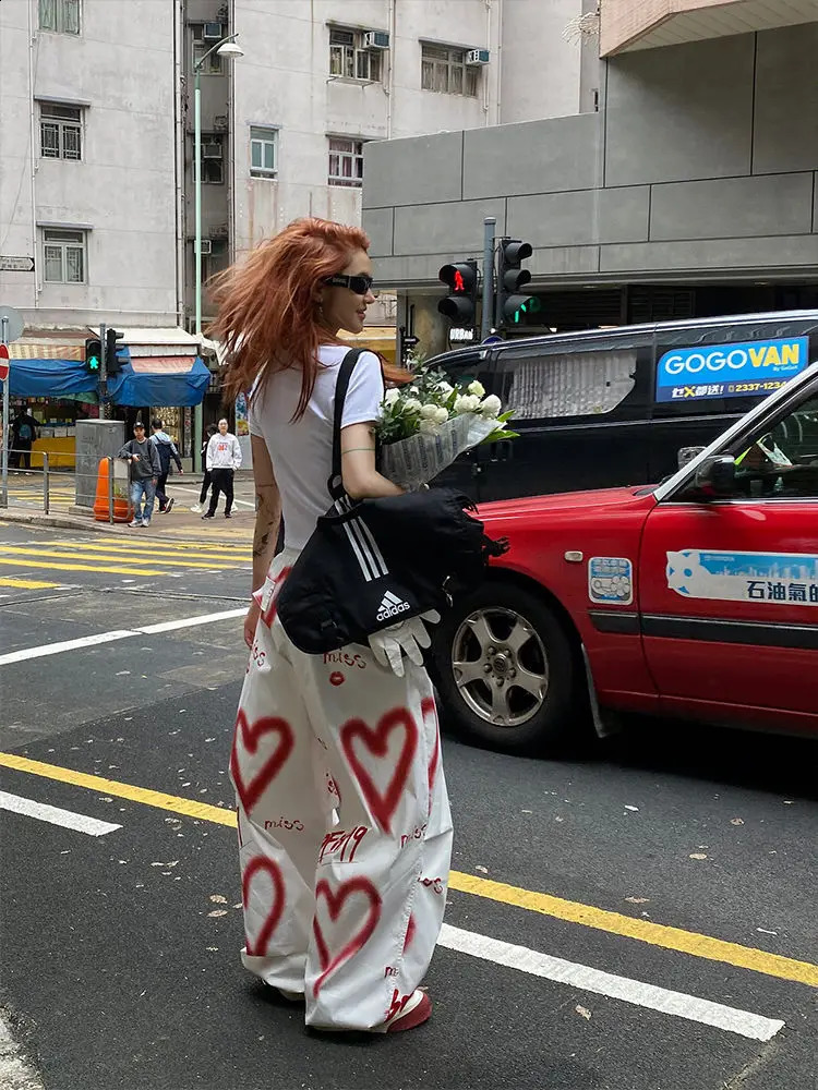 QWEEK Y2K Love Graffiti Print Cargo Pants Women High Street Hip Hop Trousers Women Pants Casual Wide Leg Floor Trousers 240821