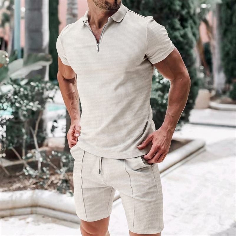Mens Athletic T-Shirt Set Casual Lapel Short Sleeve Pullover Zip Up T-shirt Shorts 2-Piece Sets Mens Solid Sporty Suits 240821