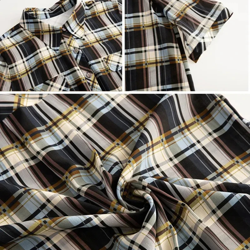 Womens clothing Spring and Autumn chiffon long sleeved buttoned checkered contrasting color cardigan jacket elegant Korean style top 240822