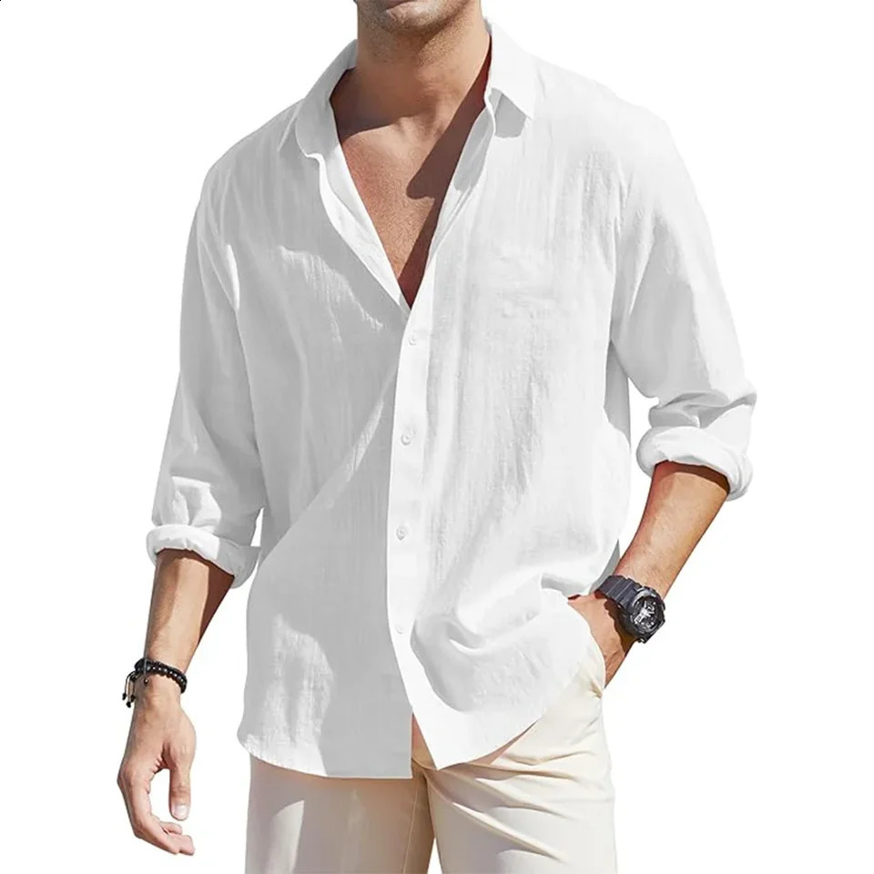 European and American mens loose long sleeved linen shirt mens business casual button up shirt lightweight and breathable va 240822