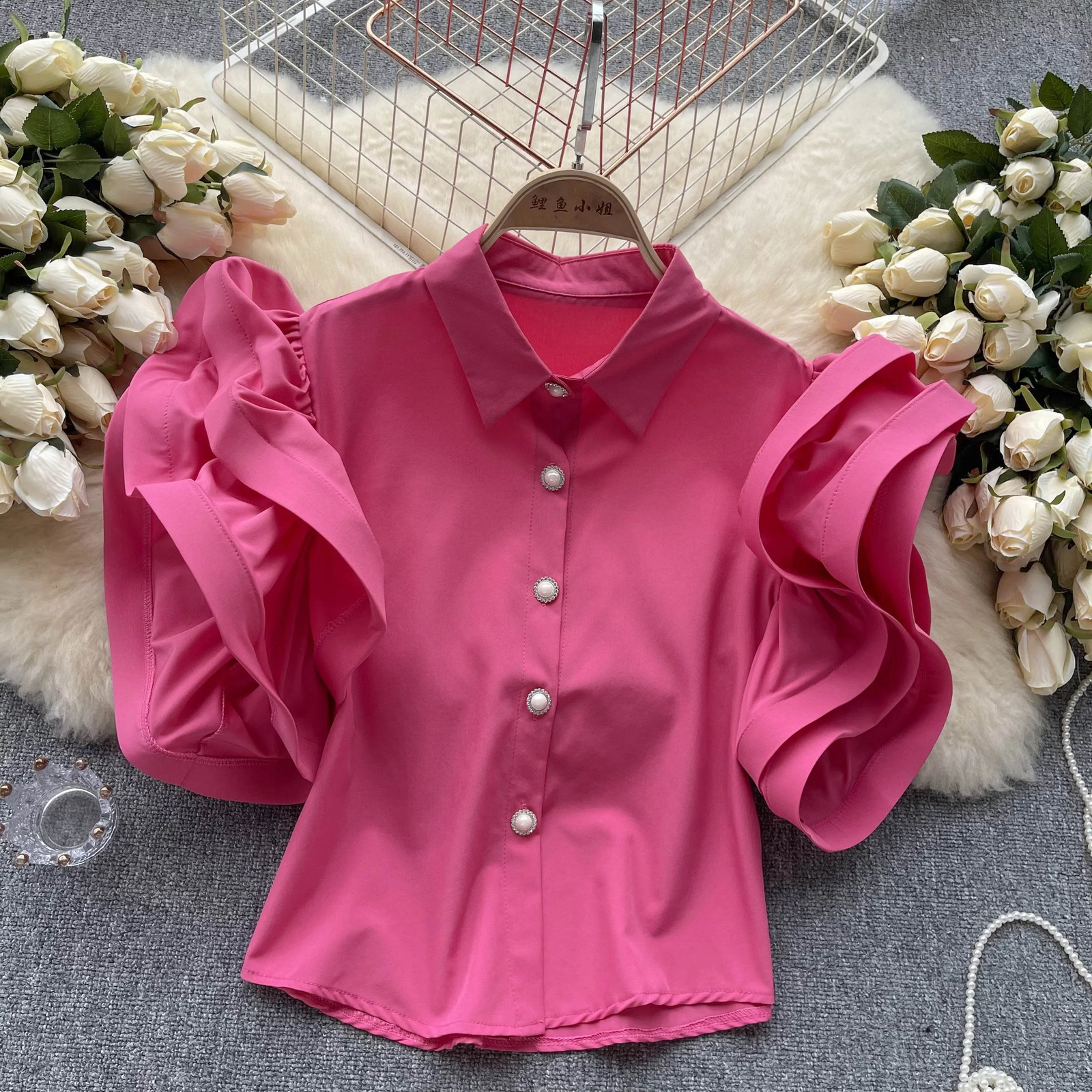 Elegant Blouse Top Women Turn-down Collar Short Sleeve Blouses Woman Solid French Chic Camisas Retro Ruffles Drop
