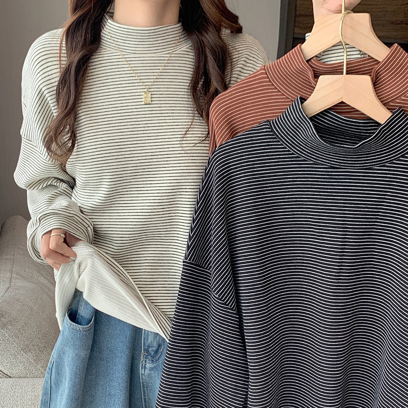 Spring Autumn New Korean Version BF Style Loose and Slim Half High Collar Striped Long Sleeve Hoodie for Women's Head Casual Top dongdumaoyi