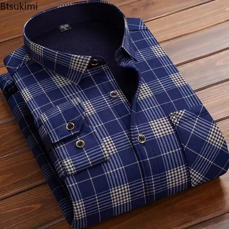 Autumn Winter Mens Clothing Fashion Retro Casual Business Long Sleeve Lapel Shirts Fleece Thicked Warm Man Print Shirt Tops 240822