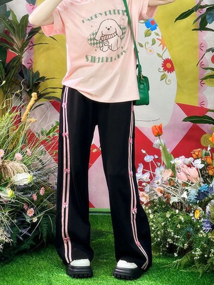 ADAgirl Bow Striped Sweatpants Women Hip Hop Black Sports Oversize Wide Leg Pants Fashion Casual Harajuku Retro Mujer Bottoms 240821