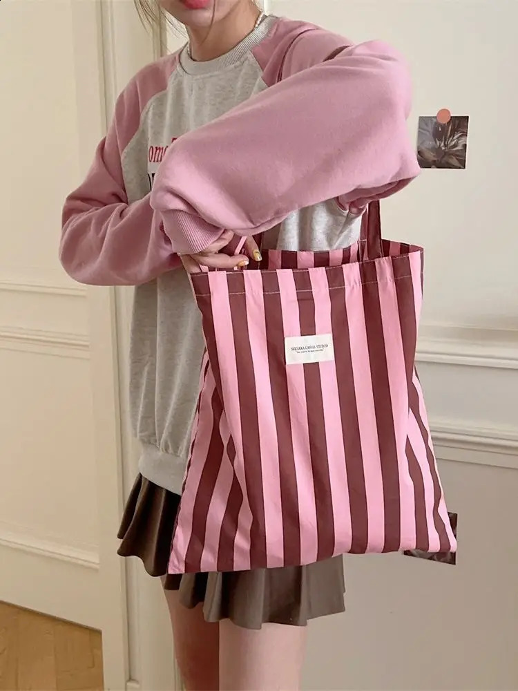 Women Canvas Stripe Tote Shoulder Bags Large Capacity Foldable Eco Cotton Cloth Handbag Female Casual Travel Shopping School Bag 240822