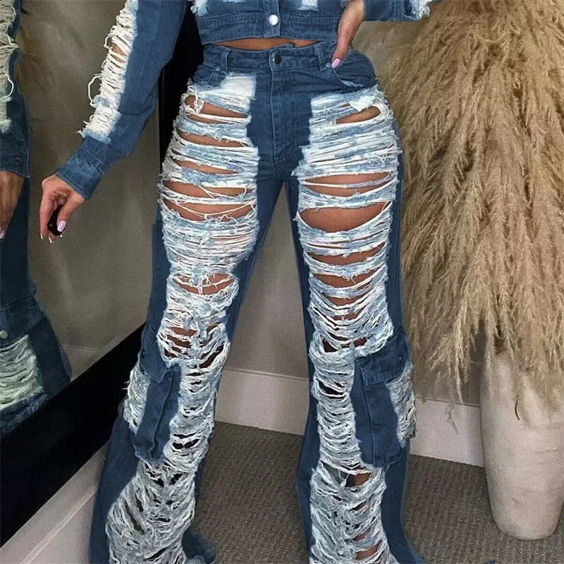 Trend Hollow Out Broken Holes Jeans Women Fashion Leg Patchwork Pocket Denim Pants Female High Waist Trousers Casual Streetwear 240821