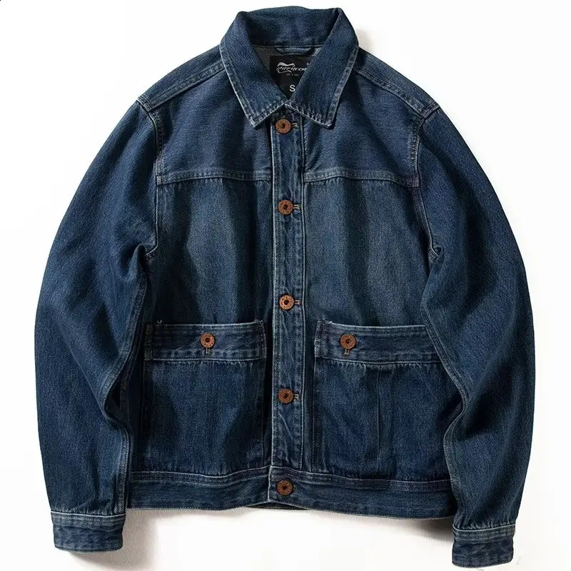Japanese Retro Denim Jacket Men Washed Pocket Spring Autumn Jackets Mens Amikaji American Casual Pocket Tooling Outwear 240821