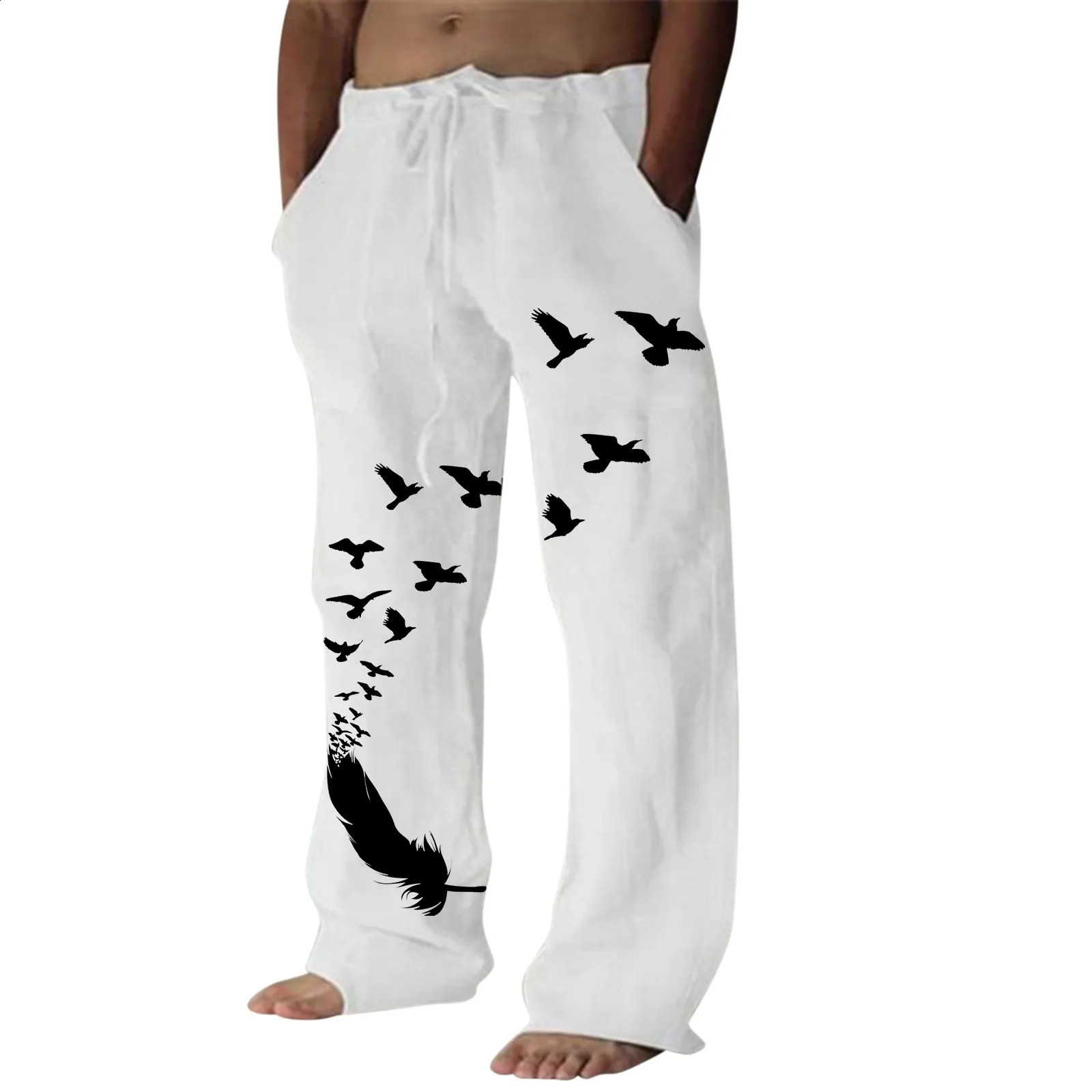Casual Pants Mens Pocket n Linen Pants Drawstring Loose Trouser Plus Size Mens Fashion Birds Feather Print Sweatpants 240822