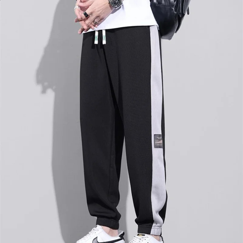 Versatile Street Thin Loose Breathable Sports Casual Pants Mens Trendy Pockets Patchwork Contrast Drawstring Straight Trousers 240822