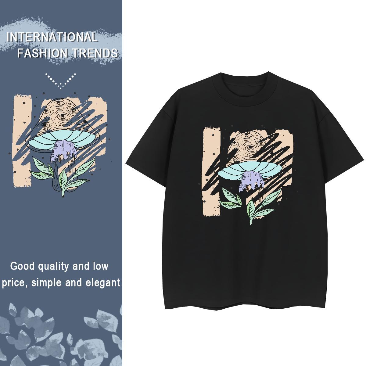 2024 Casual T Shirts Women Breathable Short Sleeve 230g 100% Cotton Tshirt for Man Woman Black Oversized mushroom Street Wear Female Tshirts