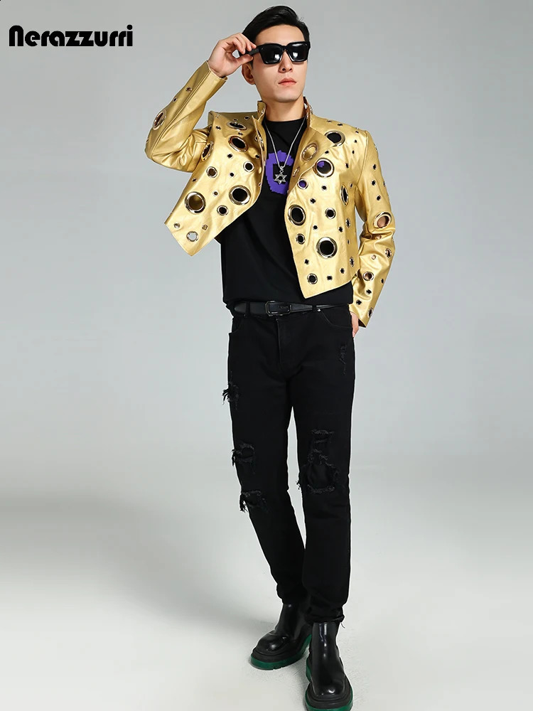 Nerazzurri Spring Autumn Cool Handsome Short Hollow Out Pu Leather Jacket Men with Holes er Unisex Y2K Streetwear 240809