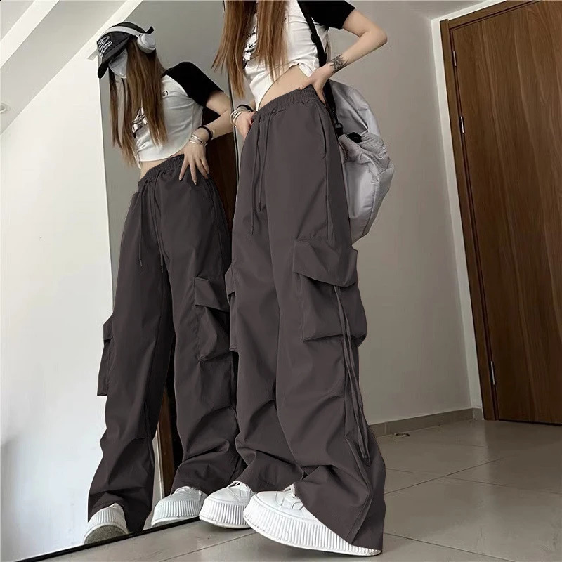 Women Y2K Cargo Pants American Retro Hip Hop Casual Bf Wide Leg Pants High Waist Big Pockets Loose Harajuku Straight Trousers 240821