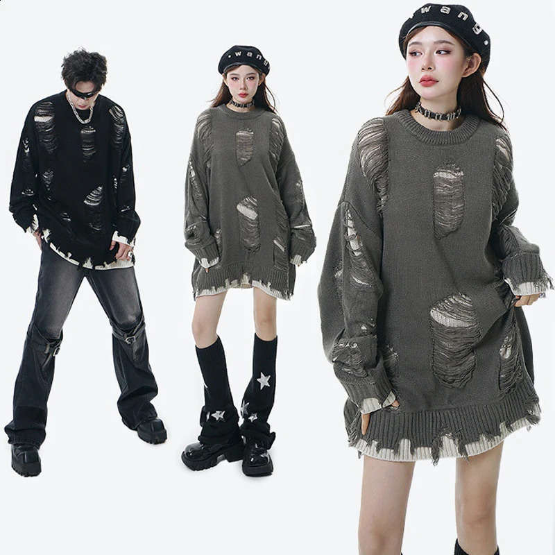 Ripped Oversize Baggy Sweater Grunge Men Women Gothic Dark Knitted Jumper Hip Hop Streetwear Pullover Loose Punk Holes Knitwear 240821