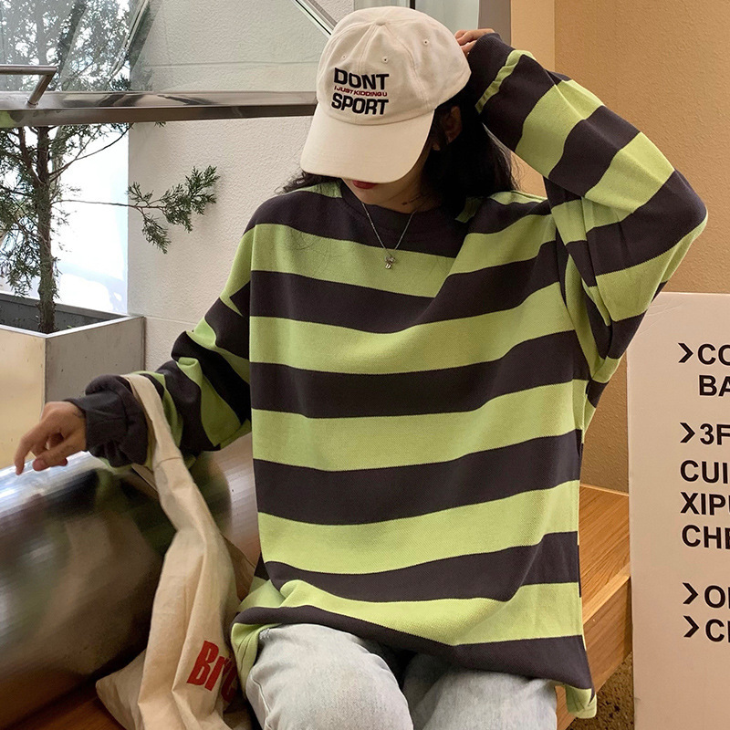 Spring and Autumn New Korean Edition BF Style Loose Striped Sleeve for Women, Mid to Long Length Hoodie dongdumaoyi