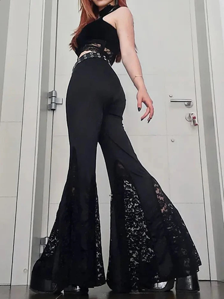 Zoki Harajuku Y2K Lace Up Patchwork Flare Pants Women Gothic Sexy Streetwear Casual Trousers Punk High Waist American Retro Pant 240821