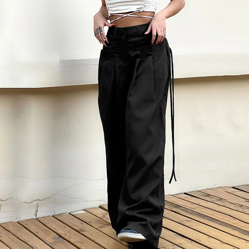 Grey Cargo Korean Fashion Lace Up Pocket Low Rise Casual Pants Women Streetwear Sweatpants Y2k Aesthetic Trousers 240821