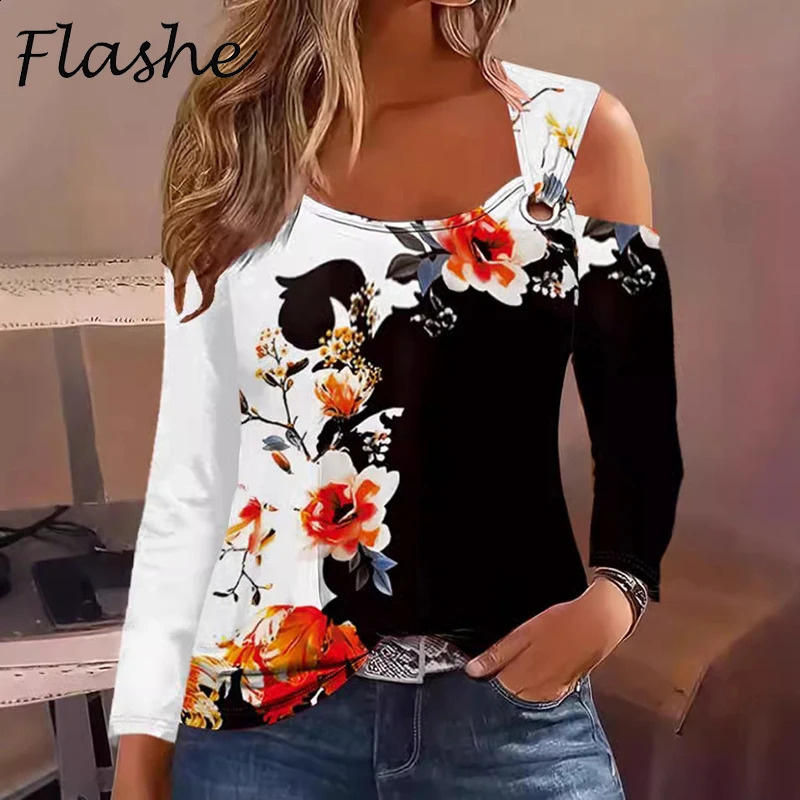 Spring and Autumn Sexy Womens Elegant Top Shoulder Long Sleeve Printed Fashion Shirt 240822