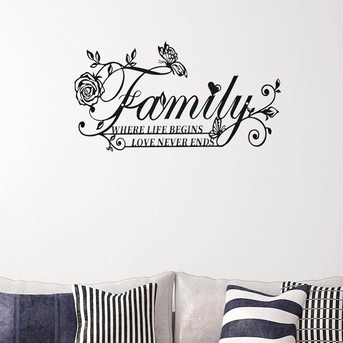 Home Decor Life Begins Family Love Never Ends Text Sign Metal Wall Art Decor Black Letters