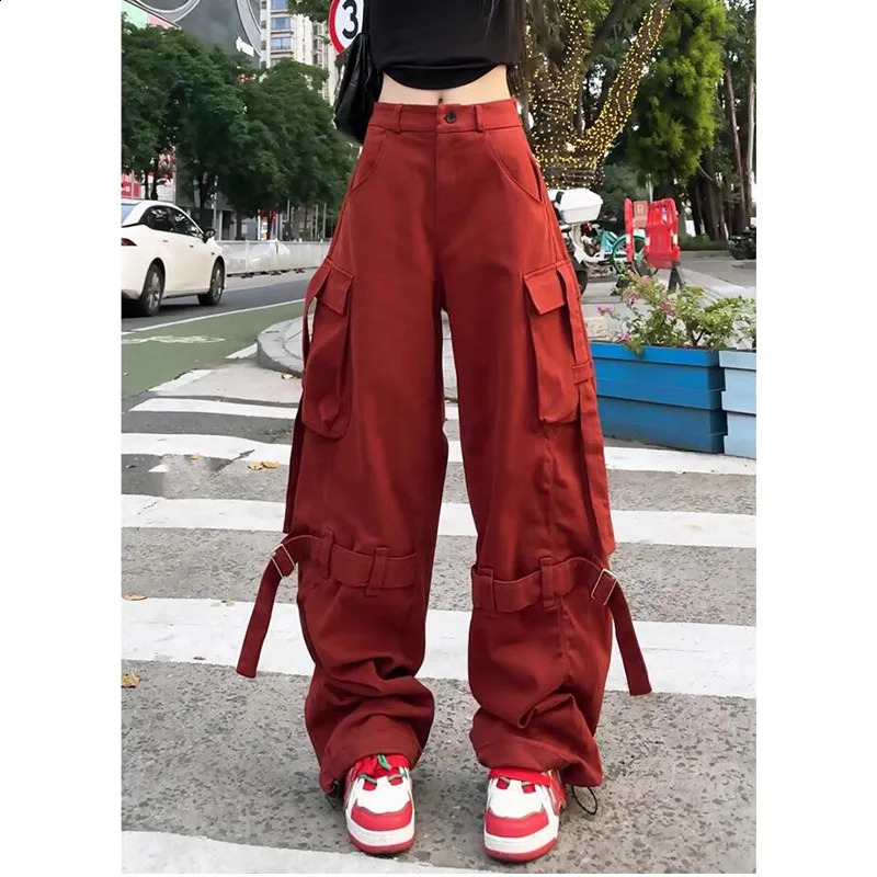 Vintage Casual High Waist Red Cargo Pocket Pants For Women Streetwear Style Wide Leg Overalls Baggy Y2K Trouser 240821