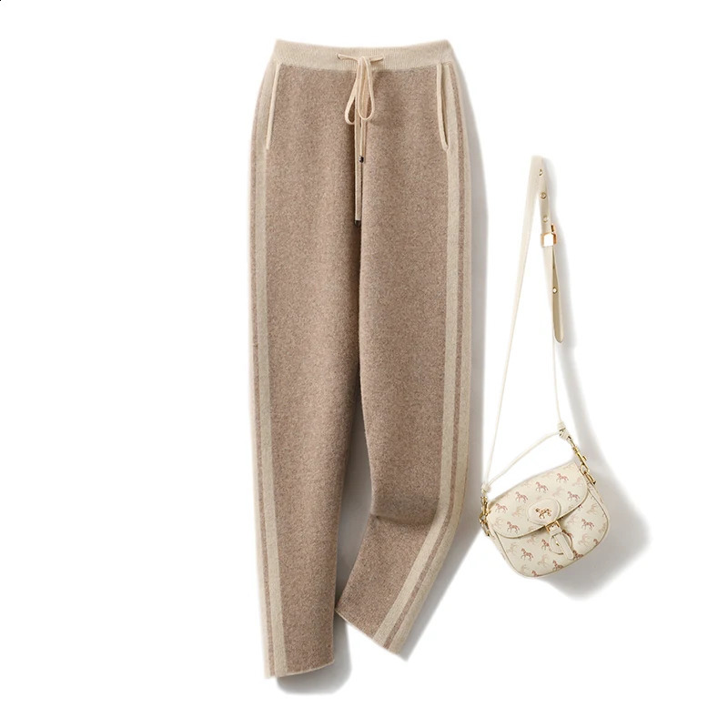 Autumn Winter Womans Pants Fashion Pencil Pants 100% Merino Wool Knit Long Trouser Elastic Mid-Waist Patchwrok Full Length Pant 240821