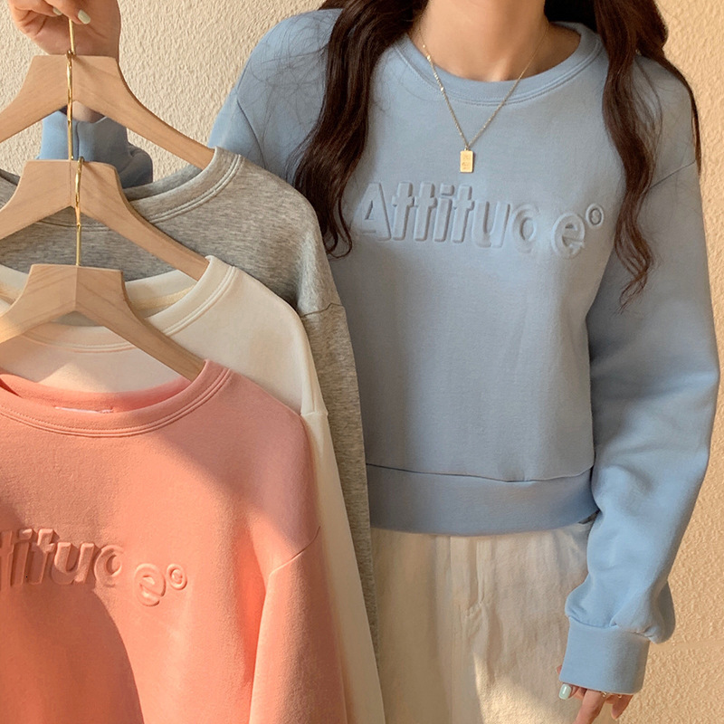 Korean version of student short loose versatile long sleeved hoodie for women in Spring Autumn, with textured letter design and a pullover top dongdum