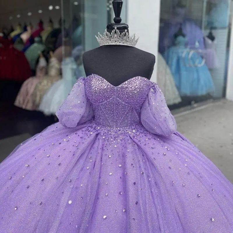 Luxury Lavender Sequin Off The Shoulder Princess Quinceanera Dresses Beading Crystal Tulle Sweet 16 Dress Vestido De 15 Anos