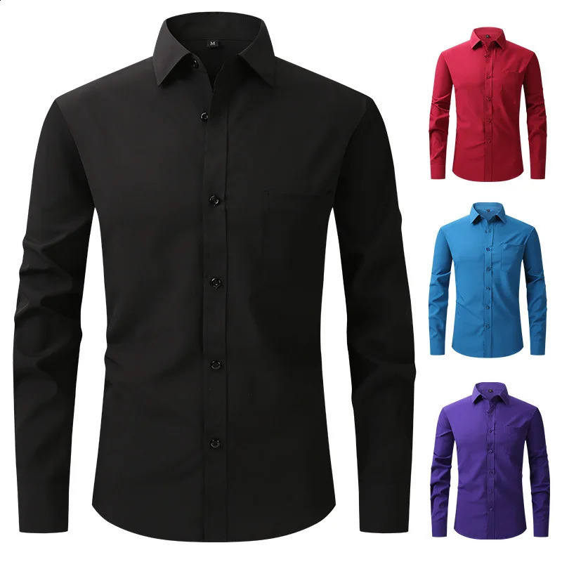 15 colors Mens Long-sleeved Shirts Stretch Dress Shirt Business Casual Lapel Buttons Formal Wear Shirts Black White Blue 240822