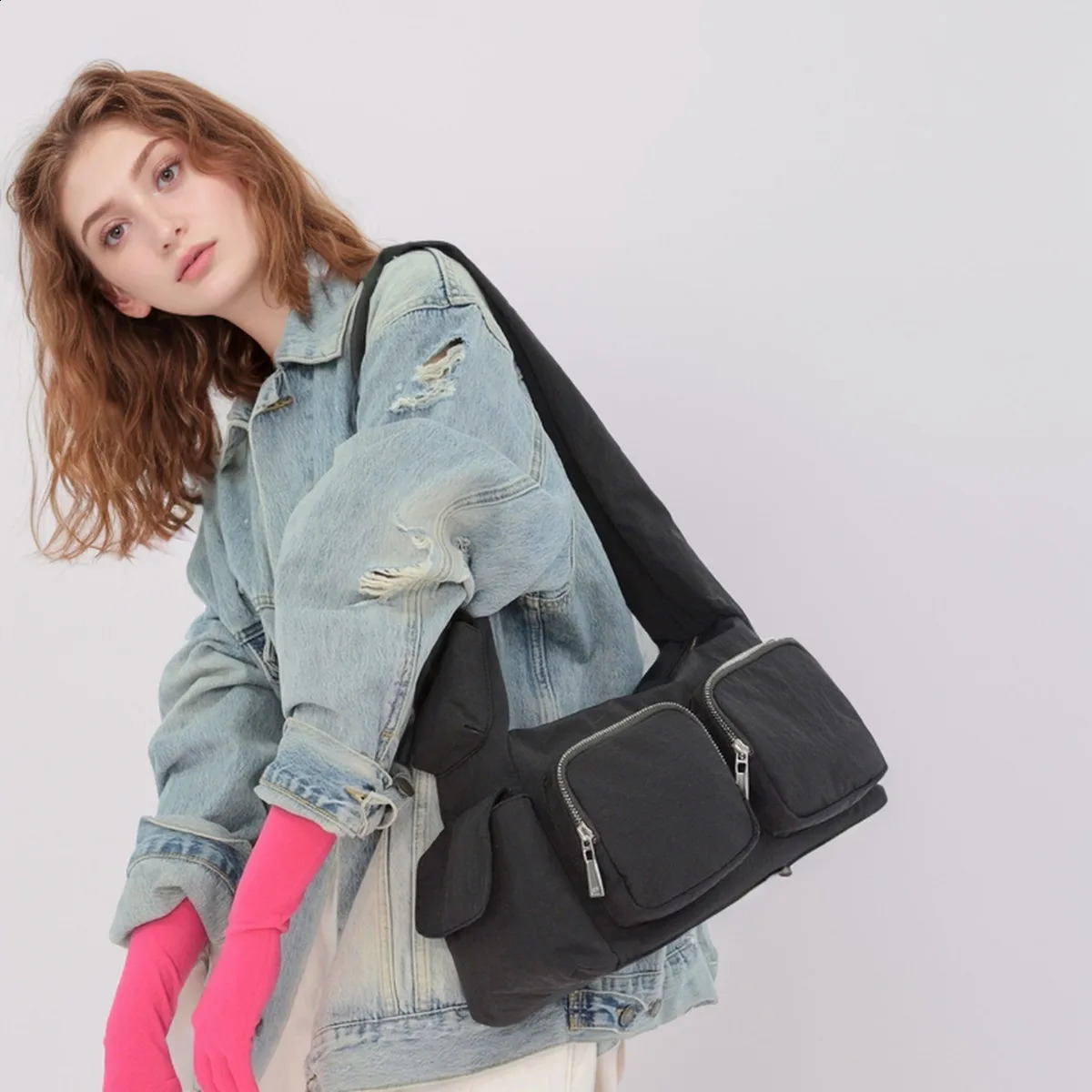 Casual Drawsting Strap Women Shoulder Bags Multiple Pockets Nylon Handbag Hobos Crossbody Bag Small Tote Shopper Purse 240821