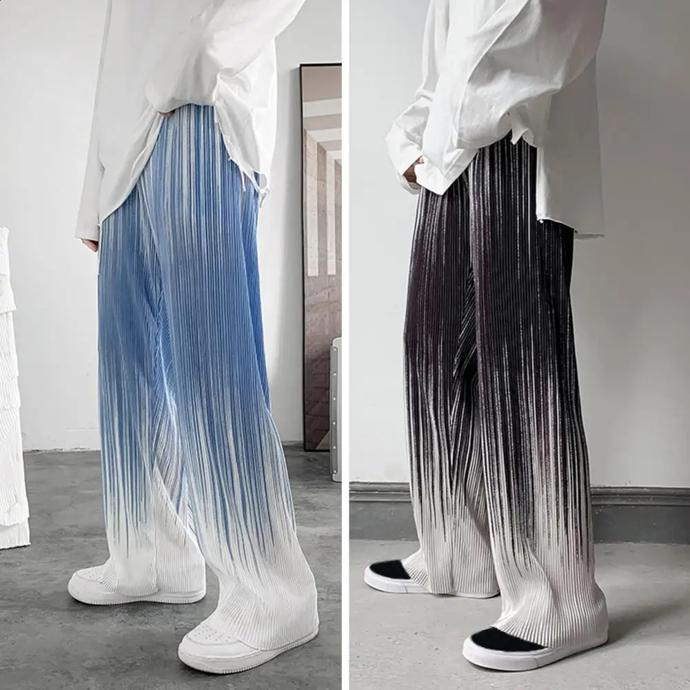 Vintage Gradient Color Wide Leg Pants Men Summer Thin Pleated Straight Trousers High Waist Elastic Streetwear Women Pants 240822