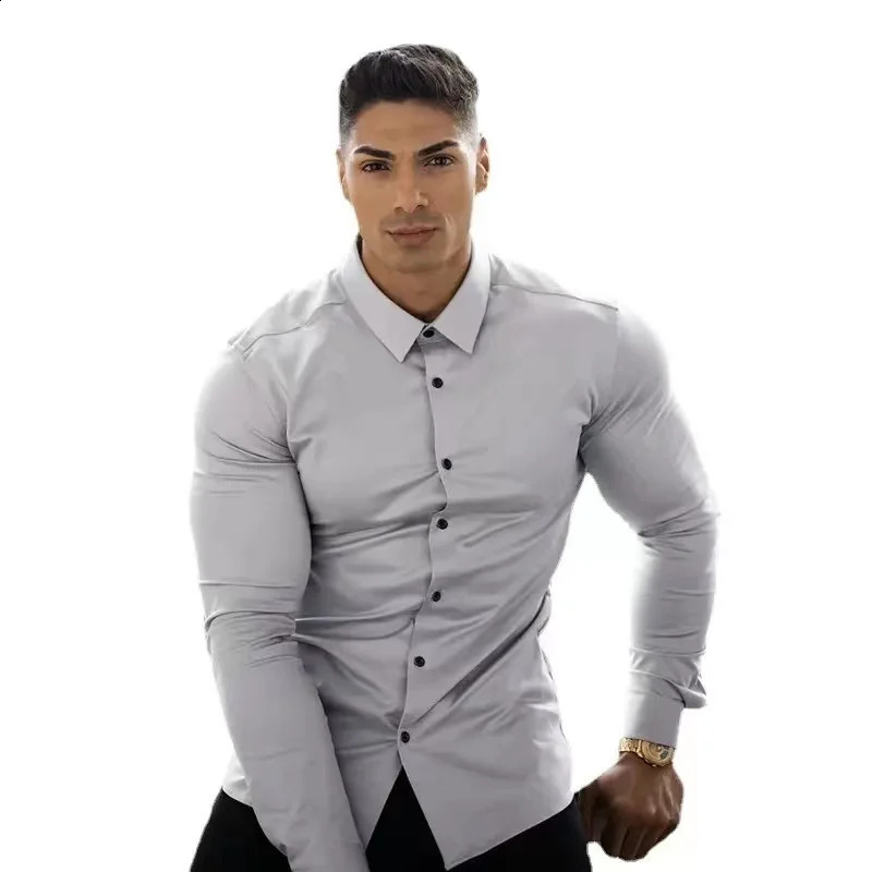 Mens Dress Shirt Long Sleeve Spring Autumn Fashion Non-Iron Social Business Solid Mercerized Vertical Black Fitness Clothing6XL 240822