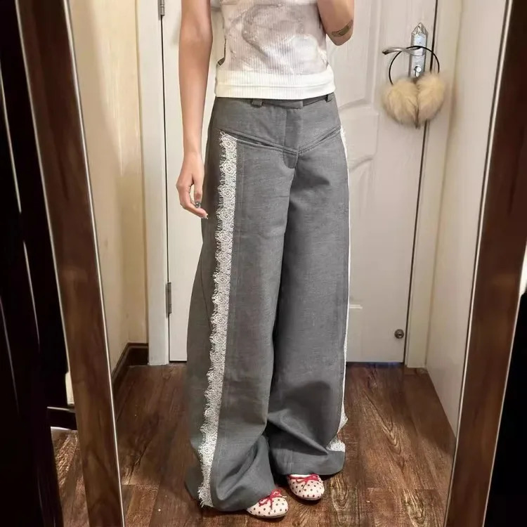 American Retro Sweet Gray Pants for Women Autumn Lace Patchwork Trousers Y2k High Waist Loose Wide Leg Pants 240821