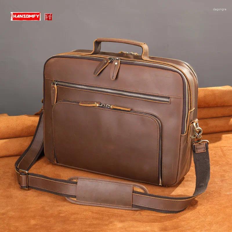 3 Briefcases Retro Crazy Horse Leather Men's Bags Briefcase Genuine Messenger Bag Large Capacity 15.6-Inch Laptop