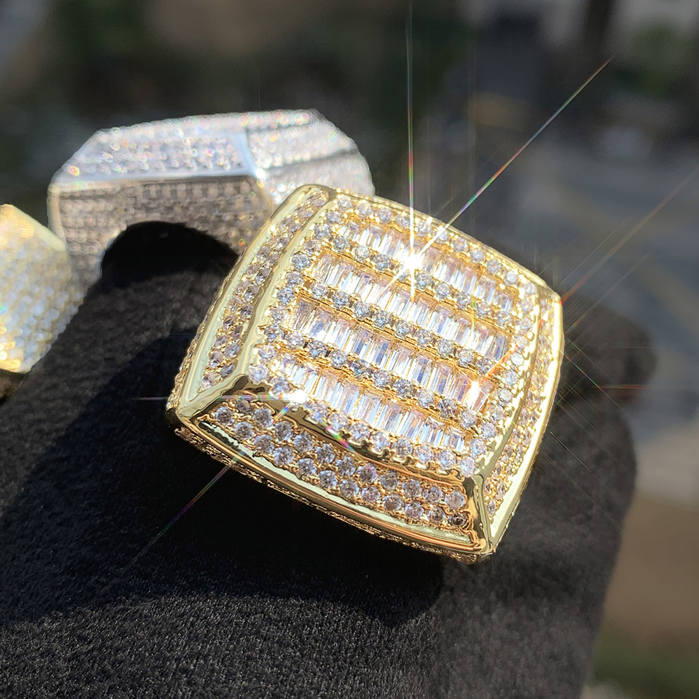 Hip Hop Casting Square Rings 18K Real Gold Plated Full 5A T Zircon Mens Jewelry