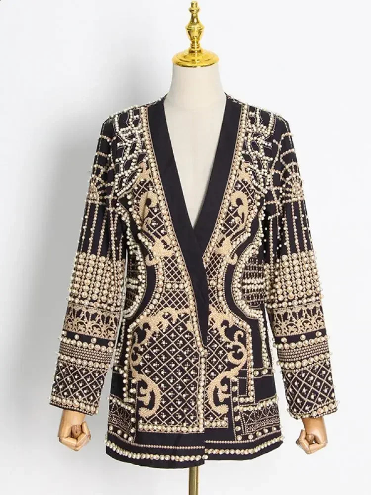 Krismile Women French Vintage Suit Jacket Pearl Printed Long-Sleeved V-Neck Woman Coat Blazer Outerwear Autumn Jackets 240821